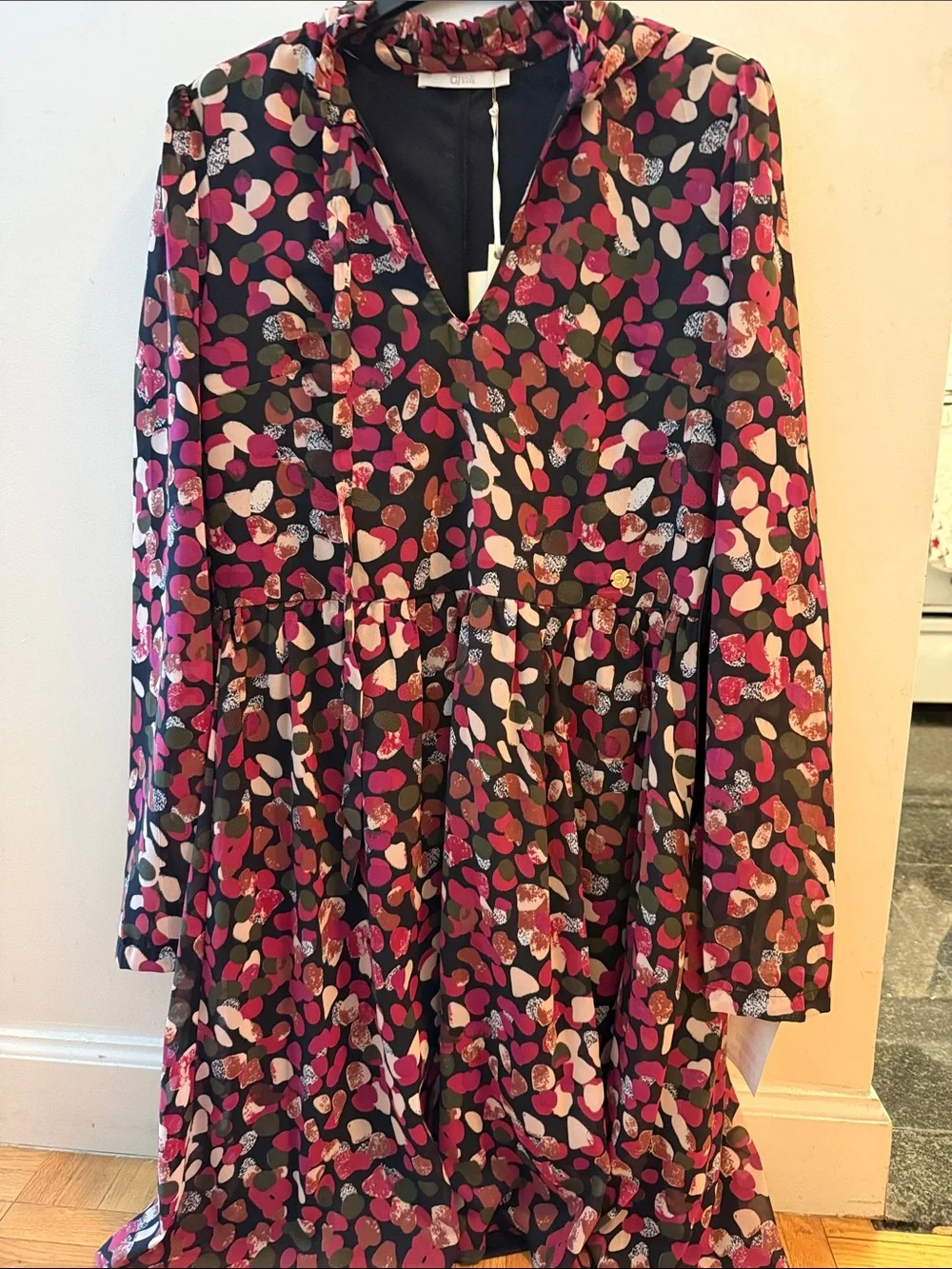 Gaudi' Black Midi Dress with Pink, Red and Green Abstract Print